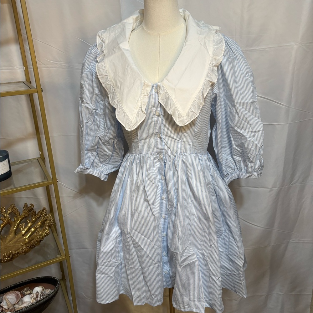 Sofie The Label Ruffle Collar Mini Dress Blue Stripe Puff Sleeve M NWT